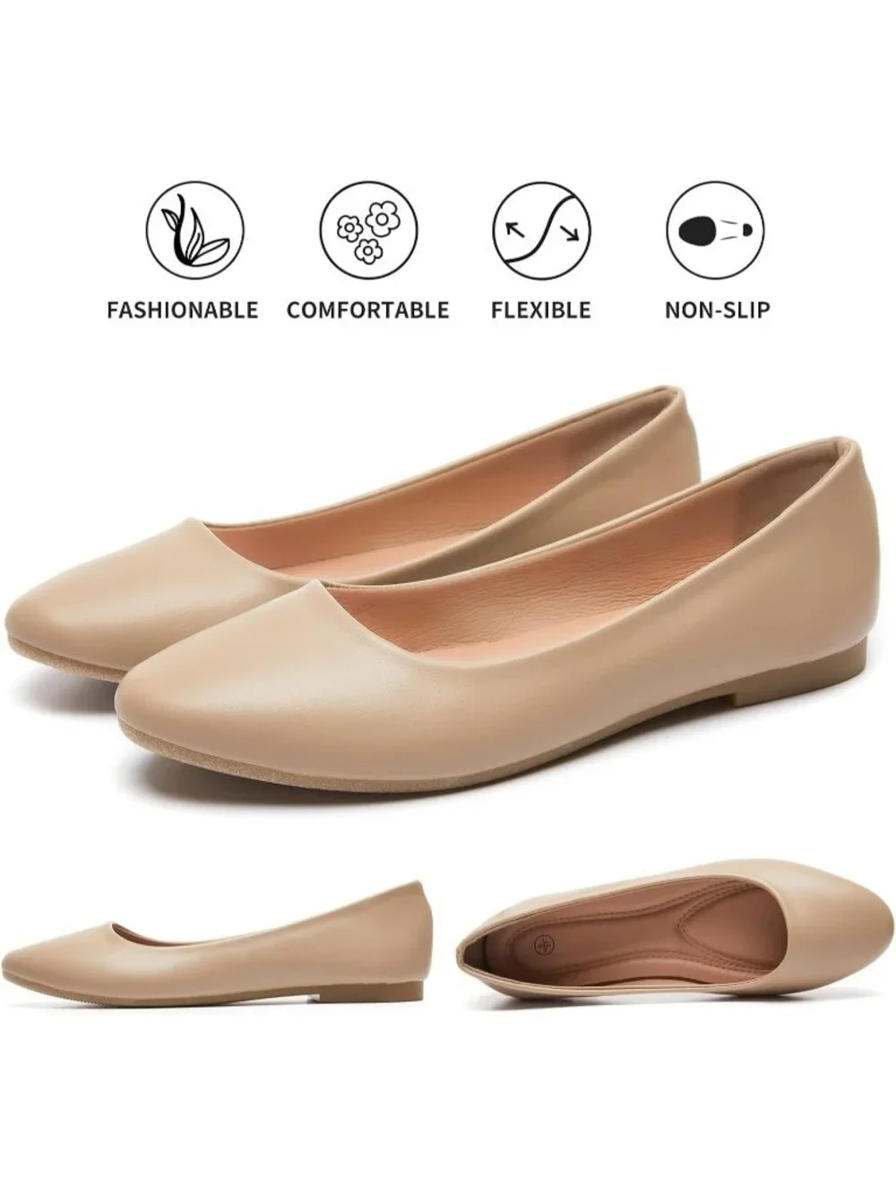 Women's Nude PU Leather Closed Toe Comfortable Flexible Slip On Ballet Flats